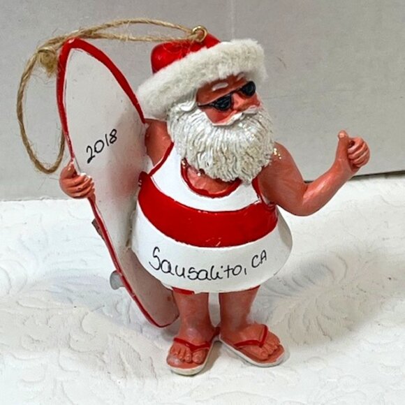 Hitchhiking Surfing Santa 2018 Sausalito, CA Hanging Christmas Tree Ornament - Picture 1 of 9